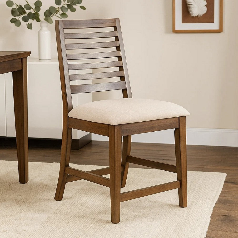 Benjara Yael Counter Height Stool Set of 2, Ivory White, Light Brown Wood