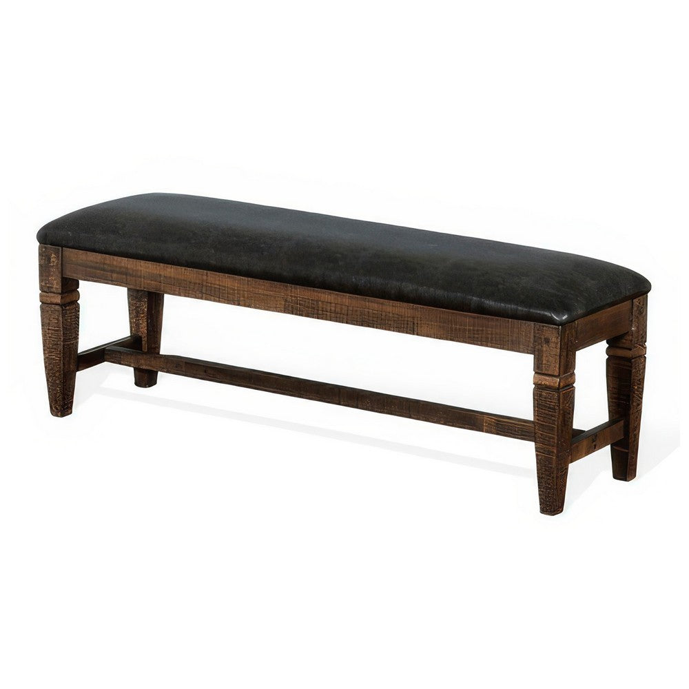 Benjara Flint Bench, Dark Gray Faux Leather, Dark Brown Mahogany, 56 Inch