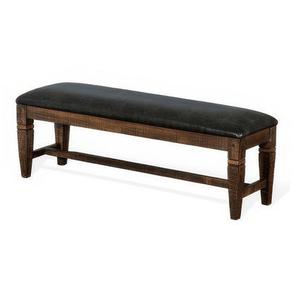 Benjara Flint Bench, Dark Gray Faux Leather, Dark Brown Mahogany, 56 Inch