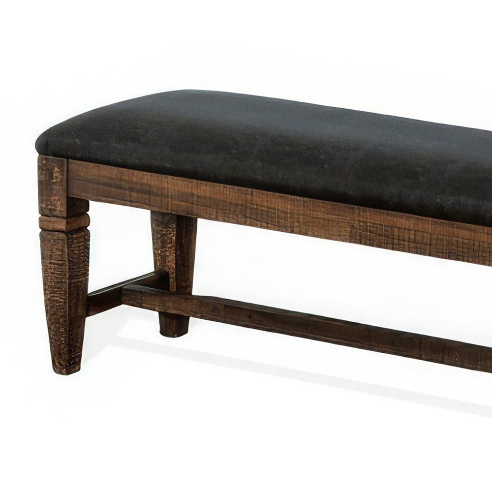 Benjara Flint Bench, Dark Gray Faux Leather, Dark Brown Mahogany, 56 Inch