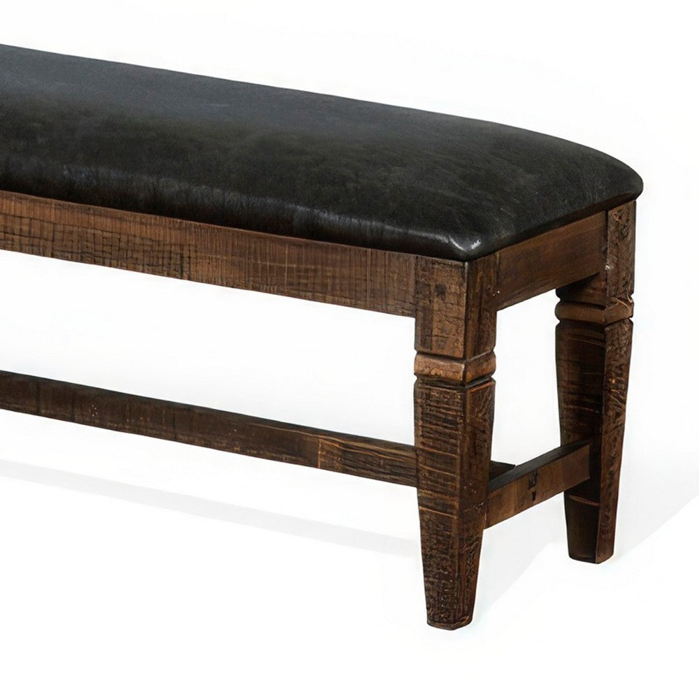 Benjara Flint Bench, Dark Gray Faux Leather, Dark Brown Mahogany, 56 Inch