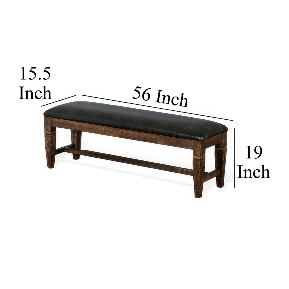 Benjara Flint Bench, Dark Gray Faux Leather, Dark Brown Mahogany, 56 Inch