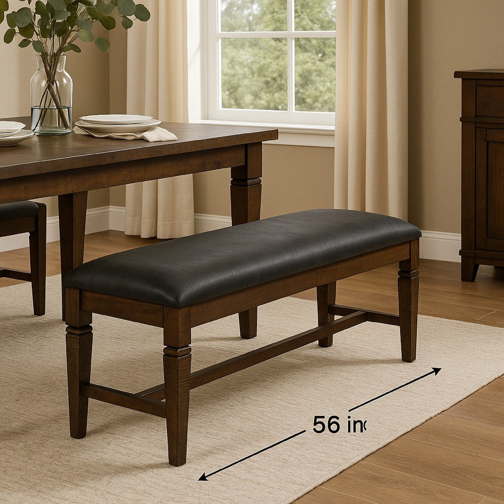 Benjara Flint Bench, Dark Gray Faux Leather, Dark Brown Mahogany, 56 Inch