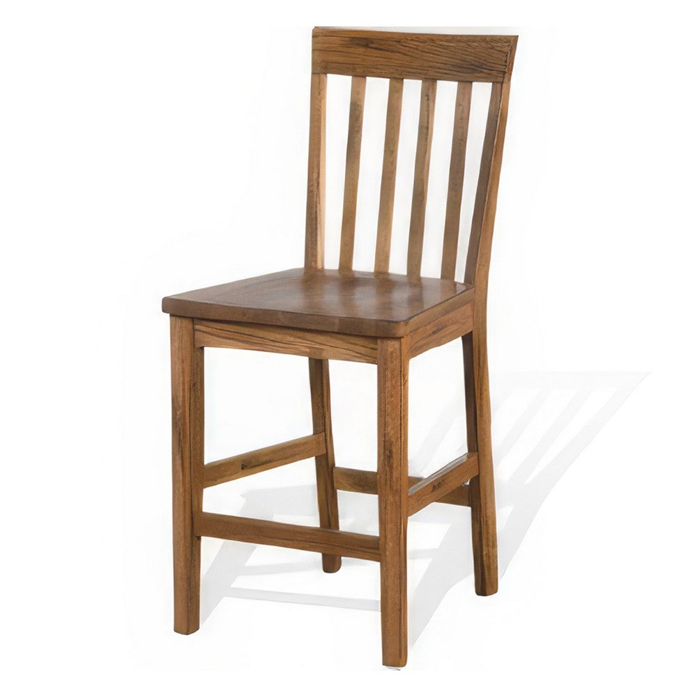 Benjara Marv Counter Height Chair Set of 2, Wooden Seat, Oak Brown Wood Finish