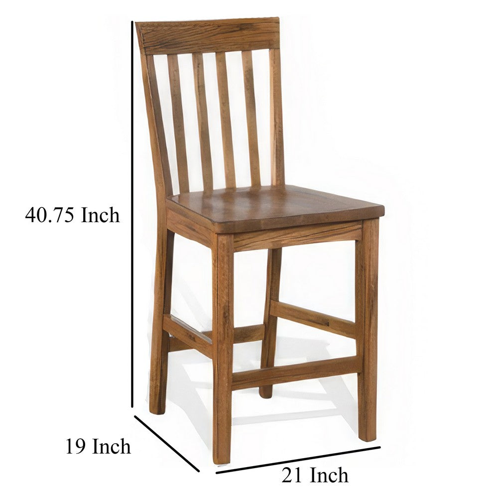 Benjara Marv Counter Height Chair Set of 2, Wooden Seat, Oak Brown Wood Finish