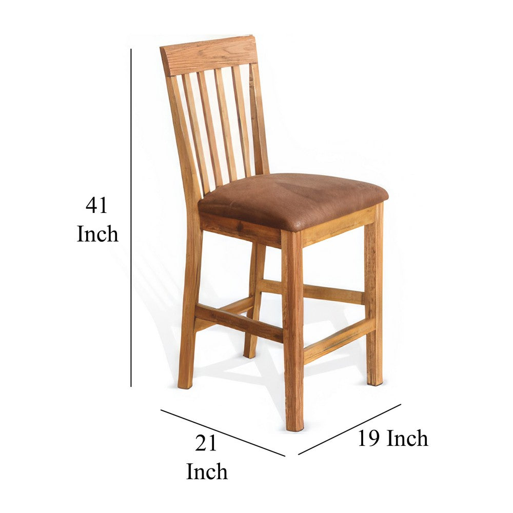 Benjara Marv Counter Height Chair Set of 2, Faux Leather, Light Brown, 24 Inch