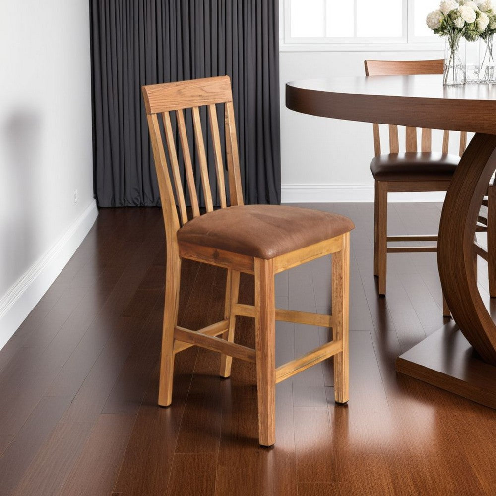 Benjara Marv Counter Height Chair Set of 2, Faux Leather, Light Brown, 24 Inch