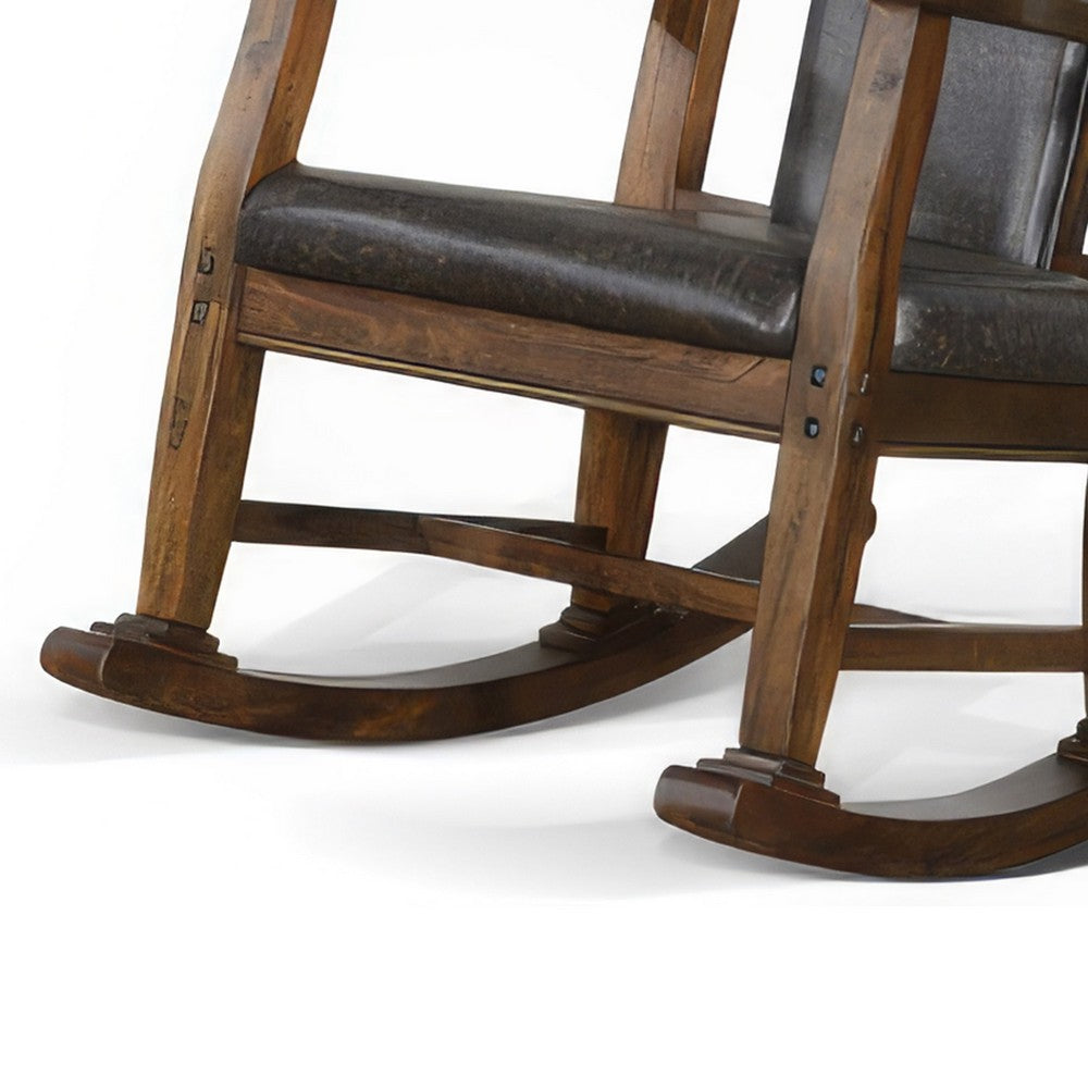 Benjara Jenne Rocking Chair, Faux Leather Seat And Back, Antique Dark Brown
