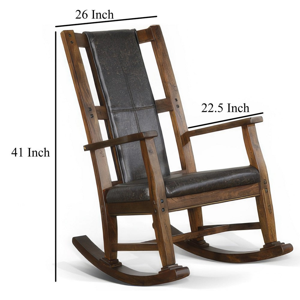 Benjara Jenne Rocking Chair, Faux Leather Seat And Back, Antique Dark Brown