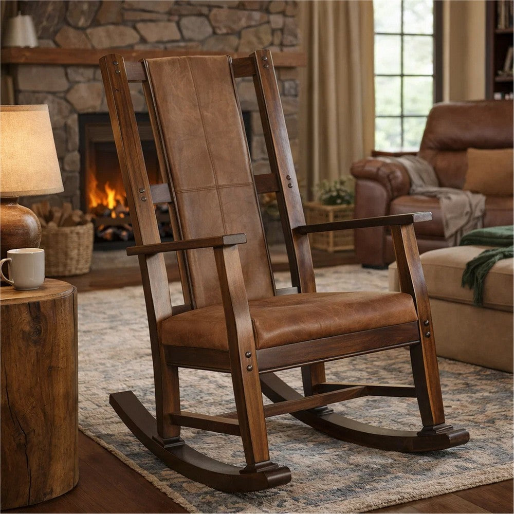 Benjara Odel Rocking Chair, Faux Leather Seat And Back, Dark Chocolate Brown