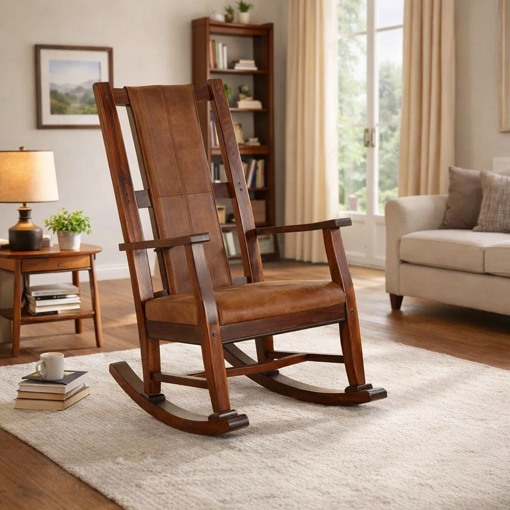 Benjara Odel Rocking Chair, Faux Leather Seat And Back, Dark Chocolate Brown