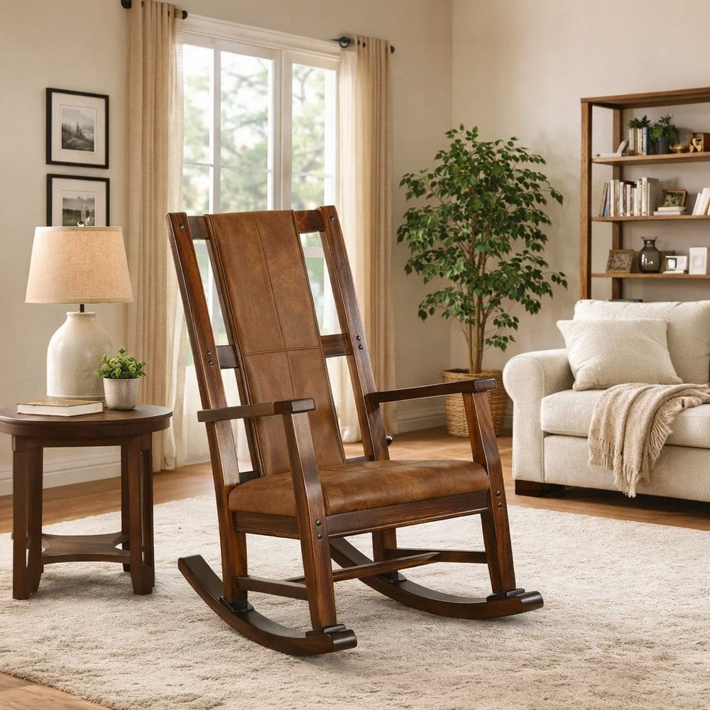 Benjara Odel Rocking Chair, Faux Leather Seat And Back, Dark Chocolate Brown