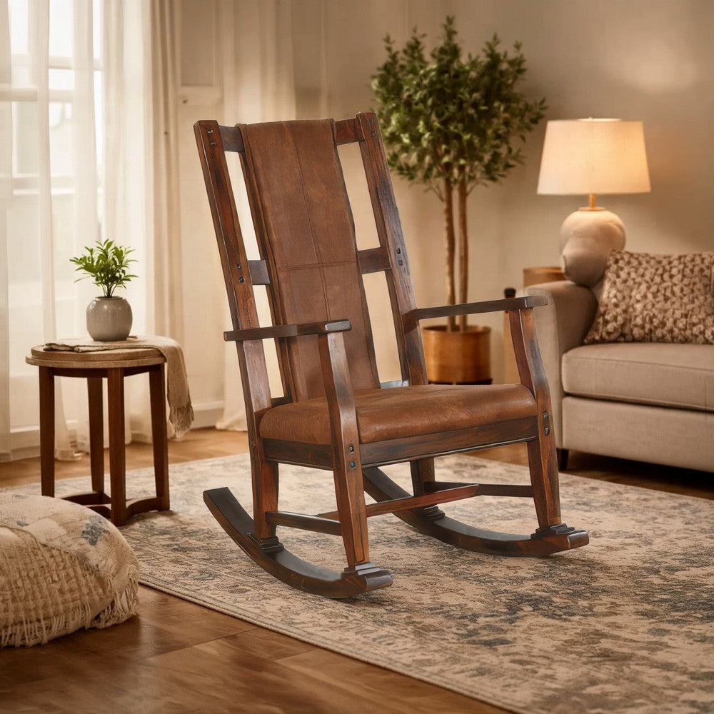 Benjara Odel Rocking Chair, Faux Leather Seat And Back, Dark Chocolate Brown