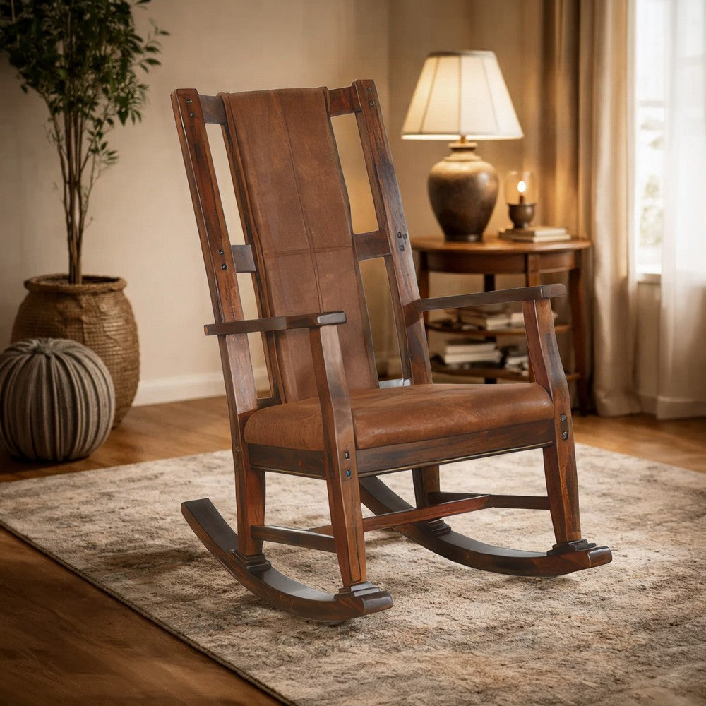 Benjara Odel Rocking Chair, Faux Leather Seat And Back, Dark Chocolate Brown