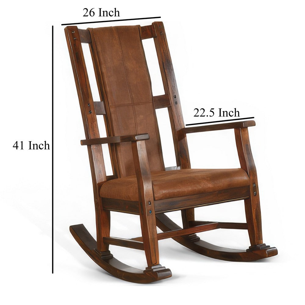 Benjara Odel Rocking Chair, Faux Leather Seat And Back, Dark Chocolate Brown