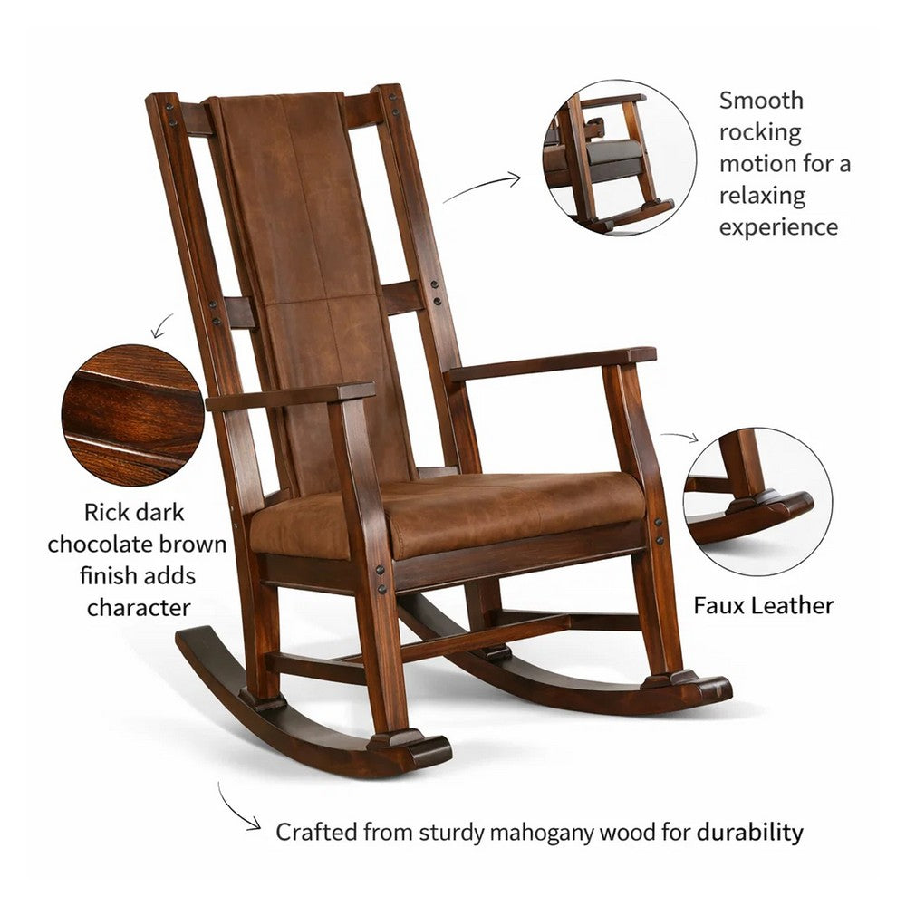 Benjara Odel Rocking Chair, Faux Leather Seat And Back, Dark Chocolate Brown