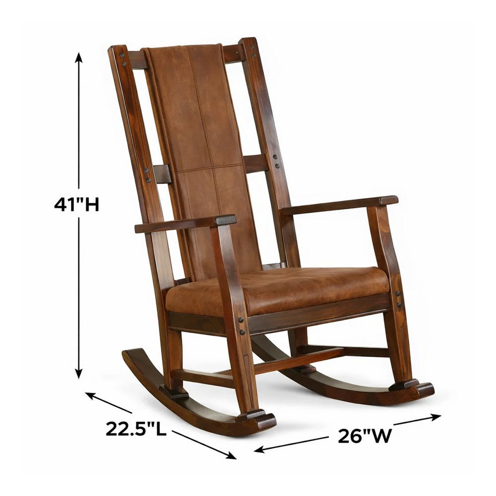 Benjara Odel Rocking Chair, Faux Leather Seat And Back, Dark Chocolate Brown