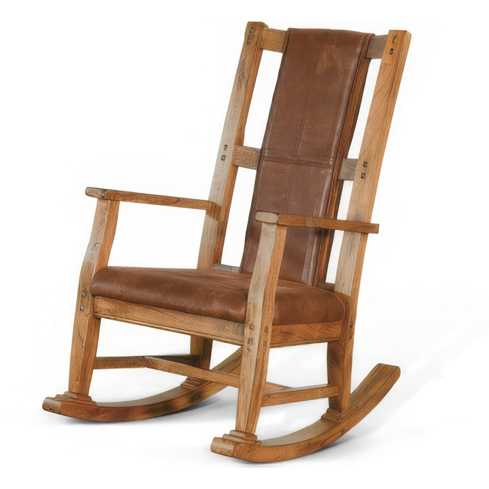 Benjara Marv Rocking Chair with Faux Leather Seat And Back, Rustic Oak Brown