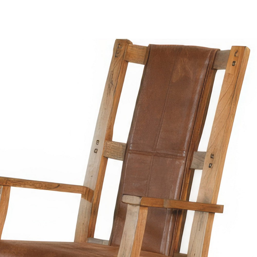 Benjara Marv Rocking Chair with Faux Leather Seat And Back, Rustic Oak Brown