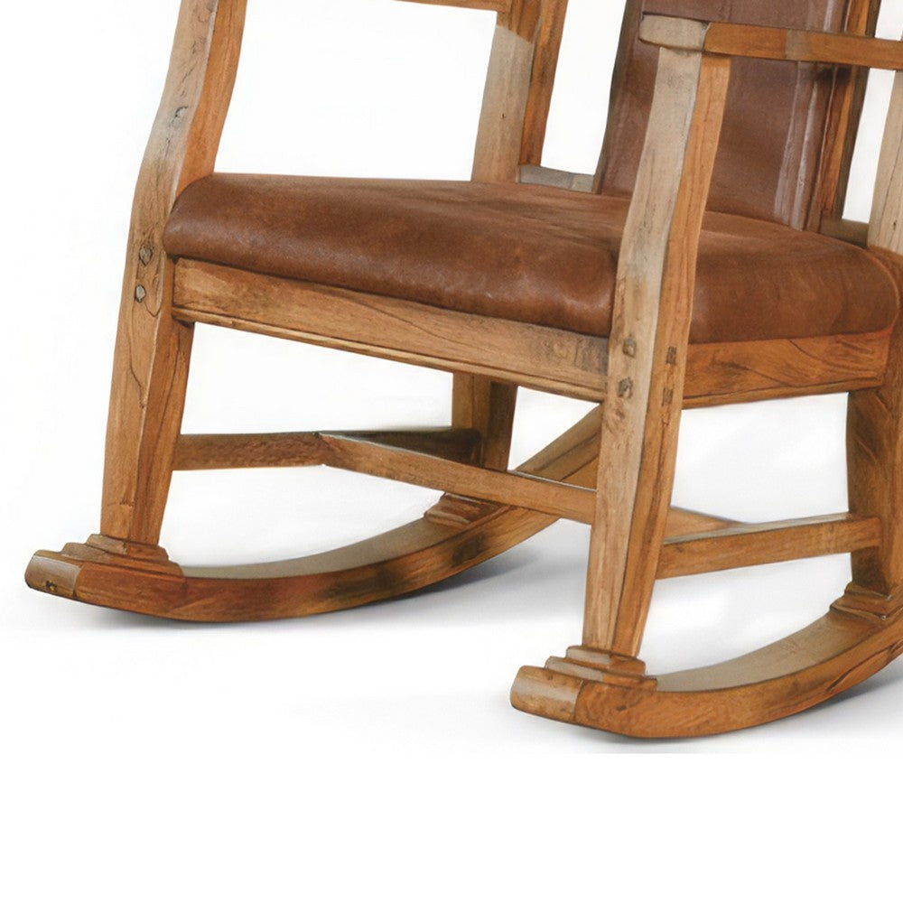 Benjara Marv Rocking Chair with Faux Leather Seat And Back, Rustic Oak Brown