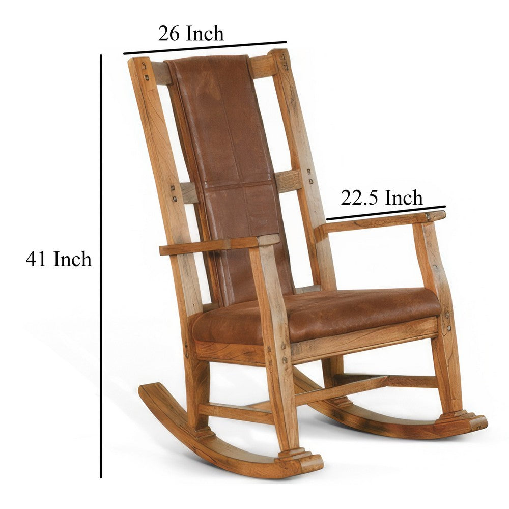 Benjara Marv Rocking Chair with Faux Leather Seat And Back, Rustic Oak Brown