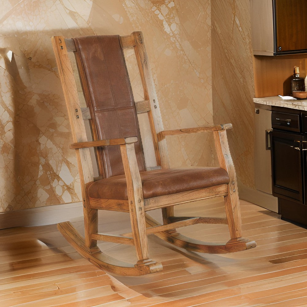 Benjara Marv Rocking Chair with Faux Leather Seat And Back, Rustic Oak Brown
