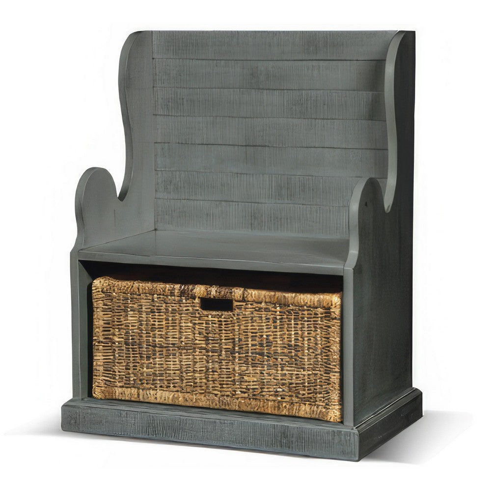 Benjara Eulie Hall Foyer Bench Seat w Rattan Basket, Rustic Blue Mahogany Wood