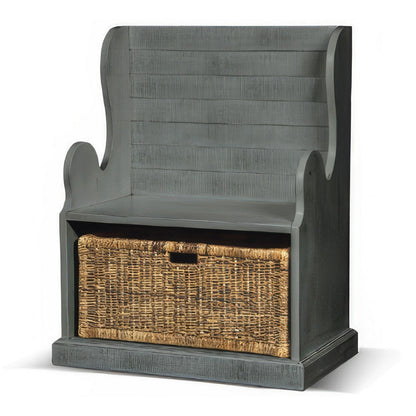 Benjara Eulie Hall Foyer Bench Seat w Rattan Basket, Rustic Blue Mahogany Wood