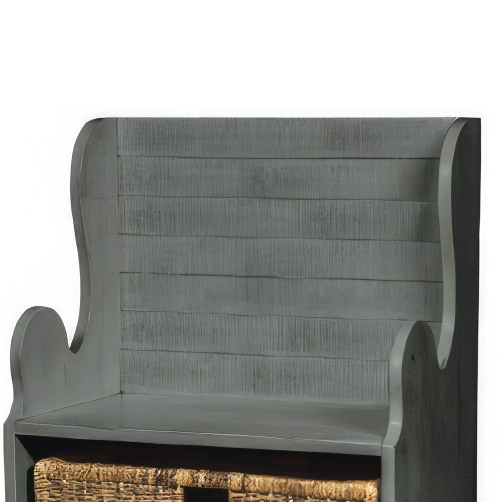 Benjara Eulie Hall Foyer Bench Seat w Rattan Basket, Rustic Blue Mahogany Wood