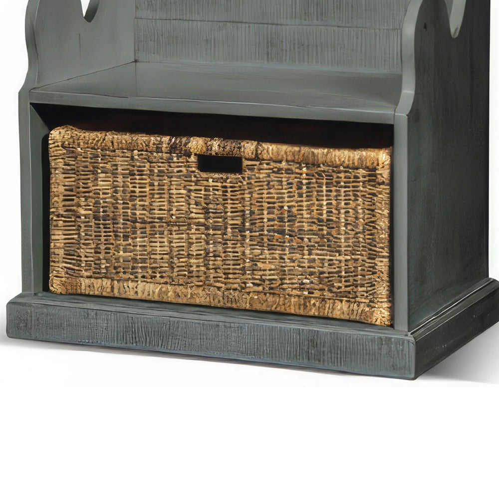 Benjara Eulie Hall Foyer Bench Seat w Rattan Basket, Rustic Blue Mahogany Wood