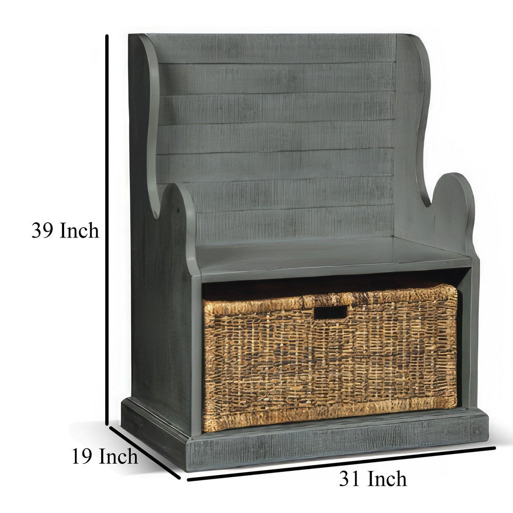 Benjara Eulie Hall Foyer Bench Seat w Rattan Basket, Rustic Blue Mahogany Wood