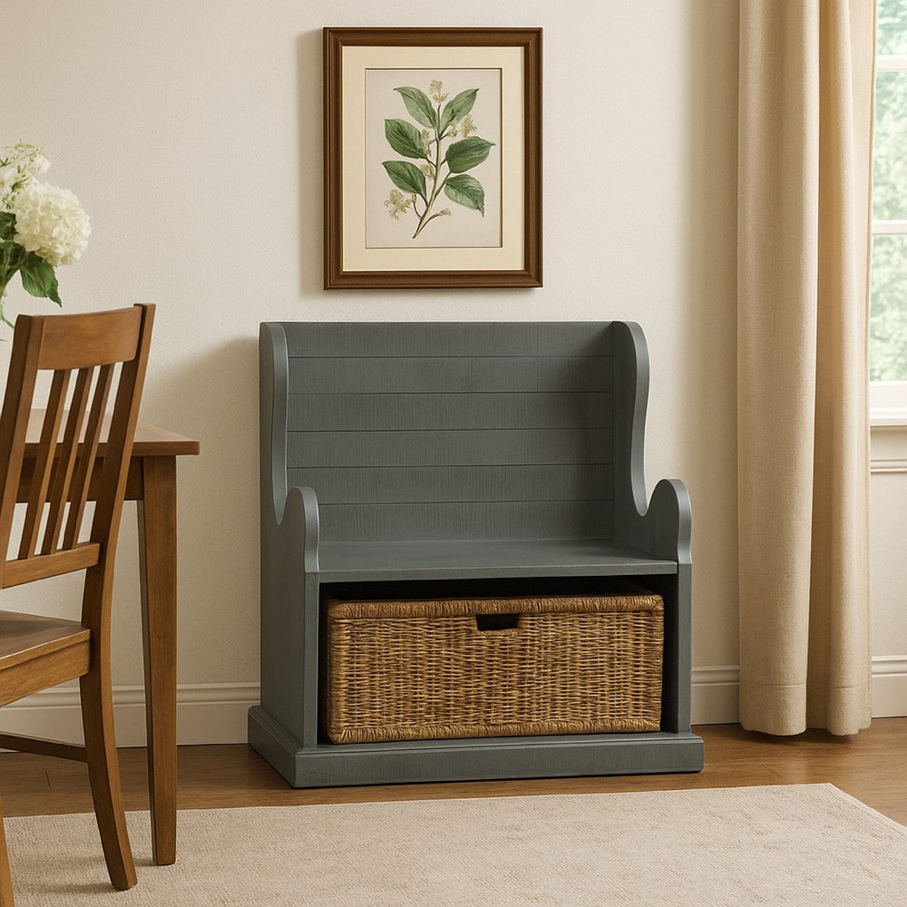 Benjara Eulie Hall Foyer Bench Seat w Rattan Basket, Rustic Blue Mahogany Wood