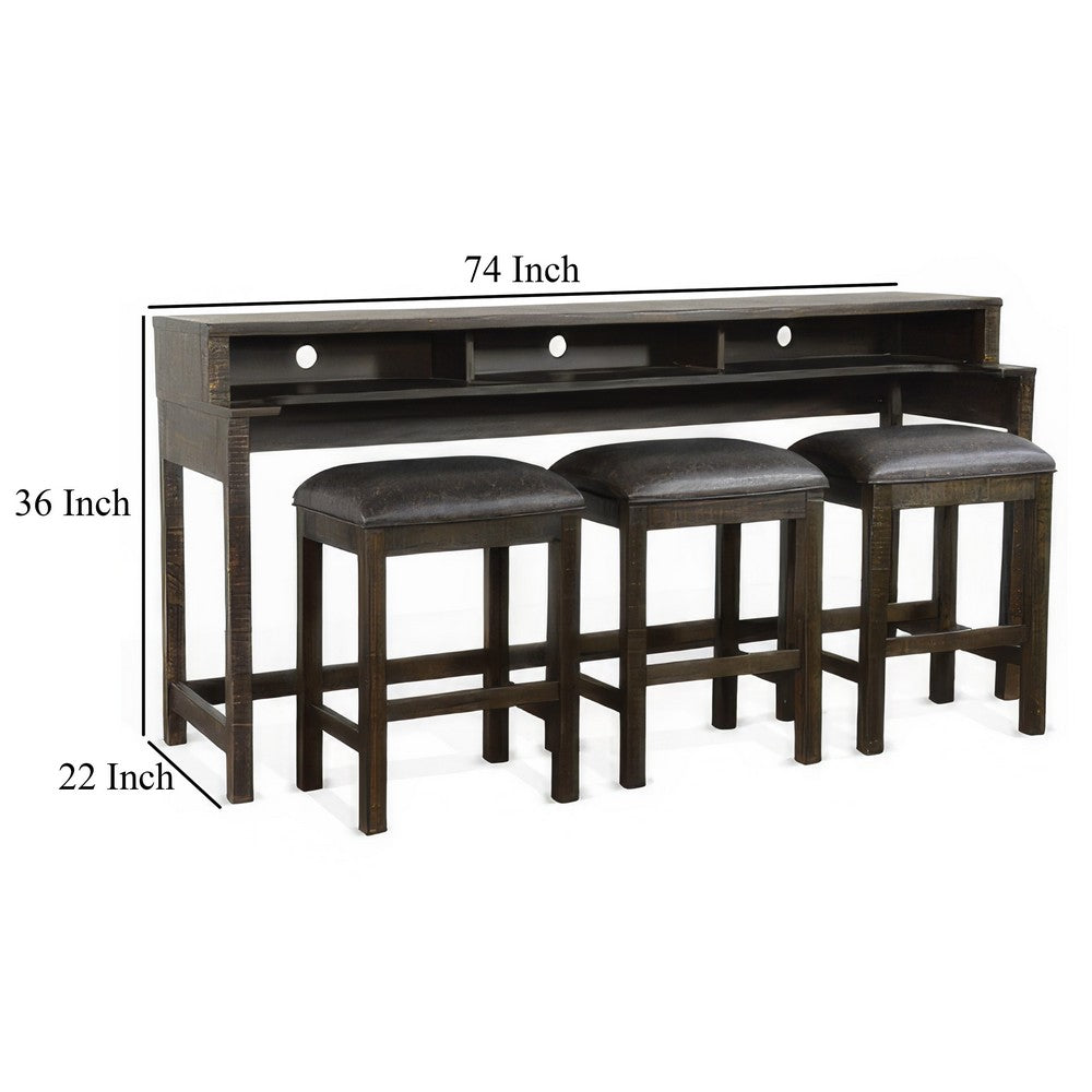 Benjara Flint Console Table with 3 Compartments, 74 Inch, Dark Brown Mahogany