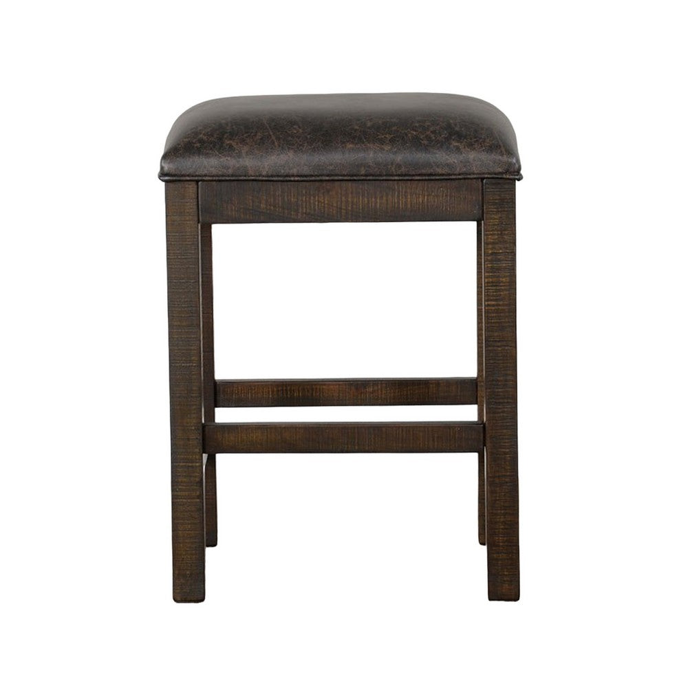Benjara Flint Counter Stool, Faux Leather Seat, 24 Inch High, Dark Brown Wood