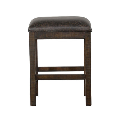 Benjara Flint Counter Stool, Faux Leather Seat, 24 Inch High, Dark Brown Wood