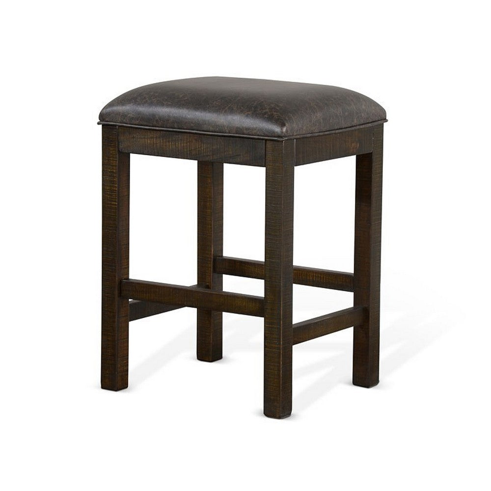 Benjara Flint Counter Stool, Faux Leather Seat, 24 Inch High, Dark Brown Wood
