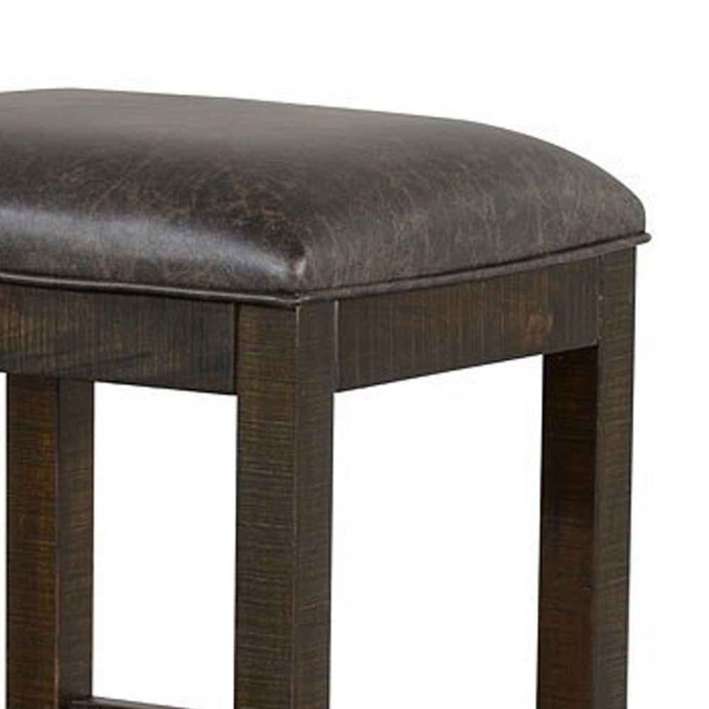 Benjara Flint Counter Stool, Faux Leather Seat, 24 Inch High, Dark Brown Wood