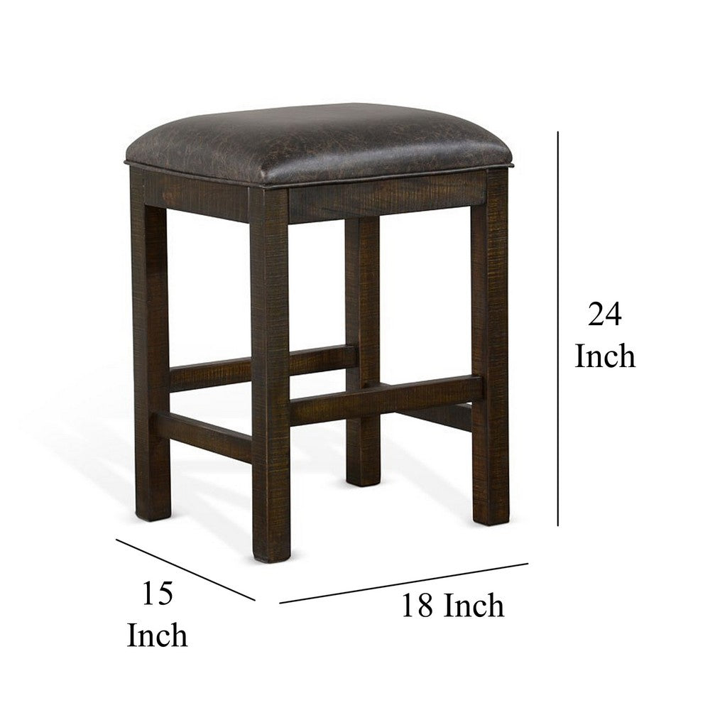 Benjara Flint Counter Stool, Faux Leather Seat, 24 Inch High, Dark Brown Wood