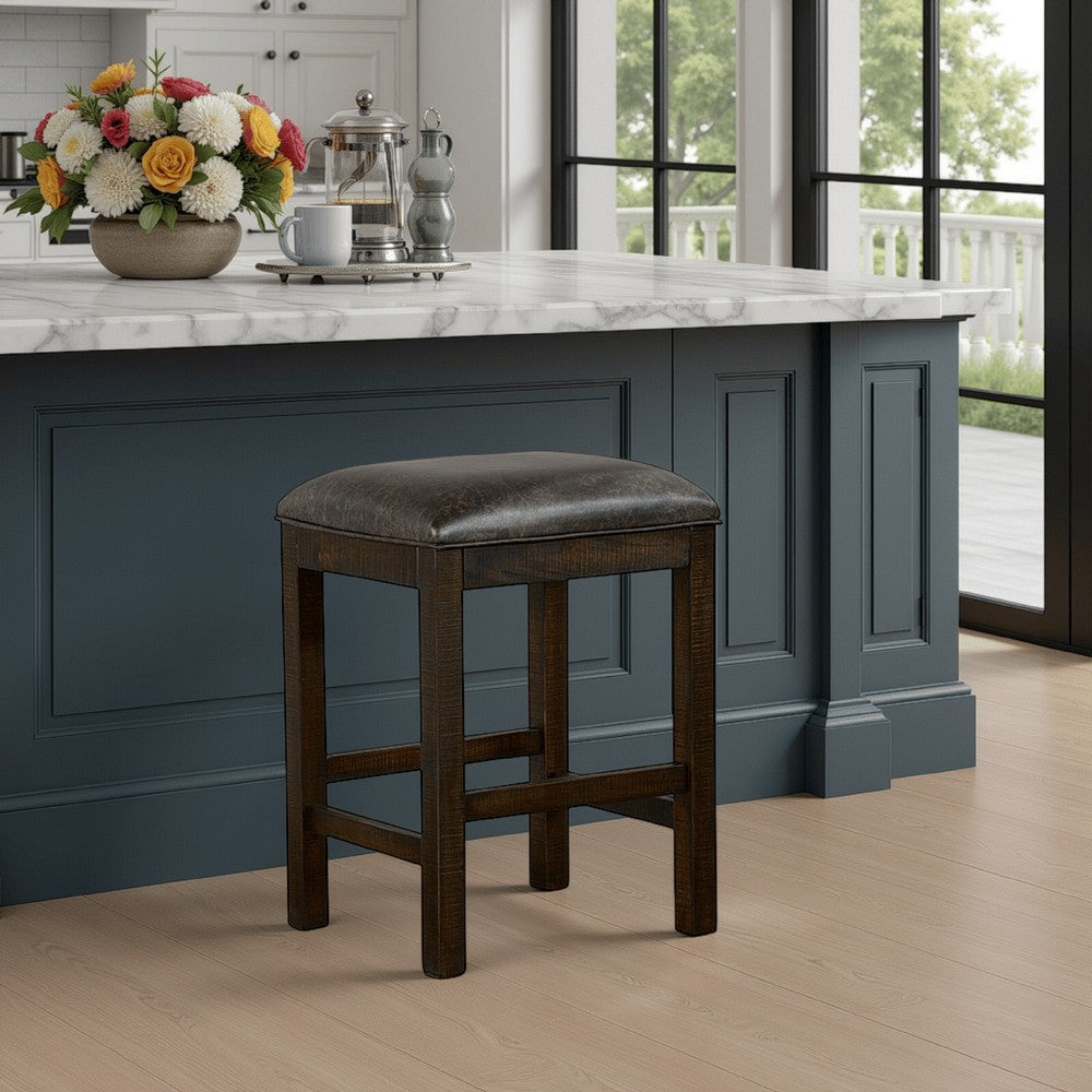 Benjara Flint Counter Stool, Faux Leather Seat, 24 Inch High, Dark Brown Wood