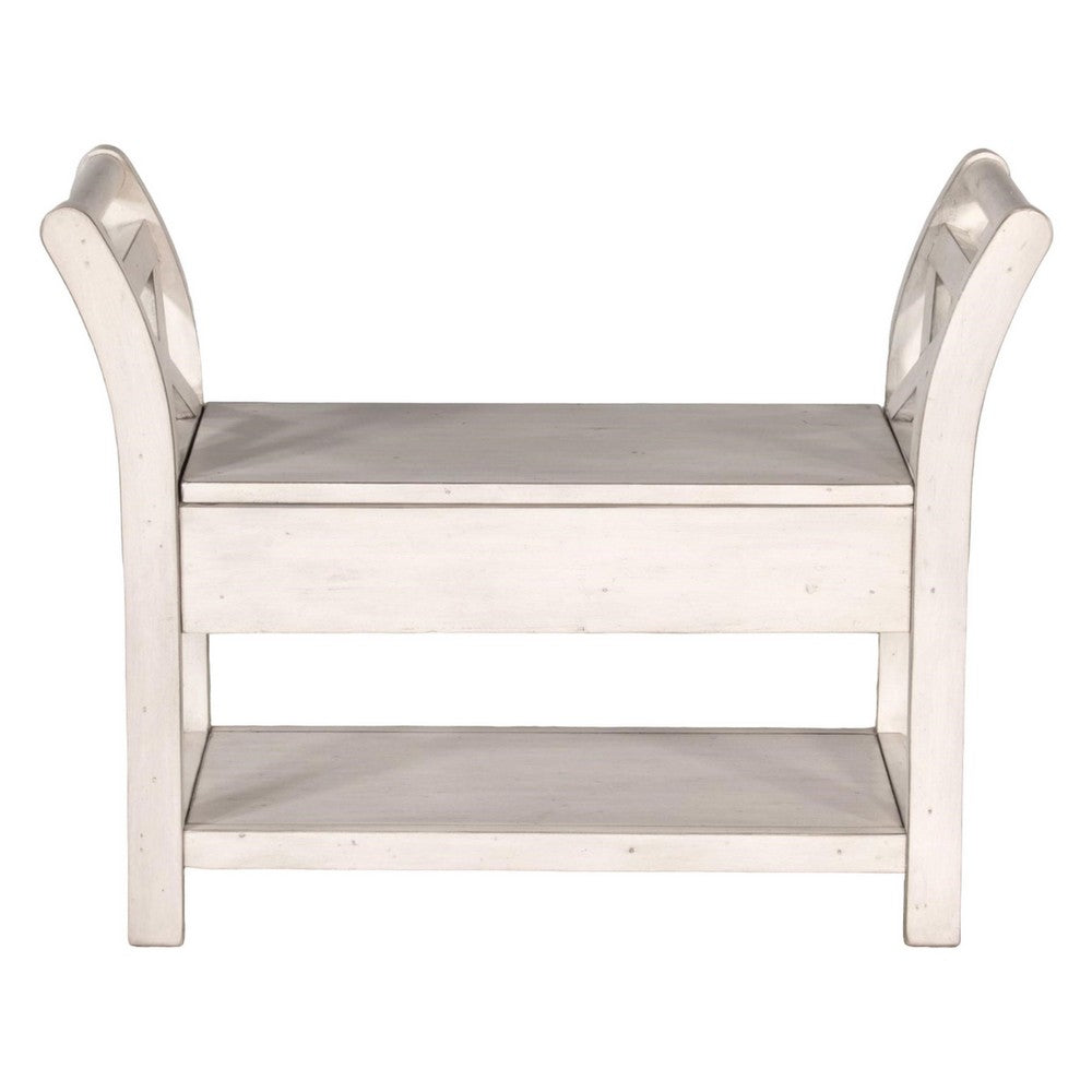 Benjara Sime 36 Inch Accent Bench, X-Panel And Storage, Ivory White Mahogany