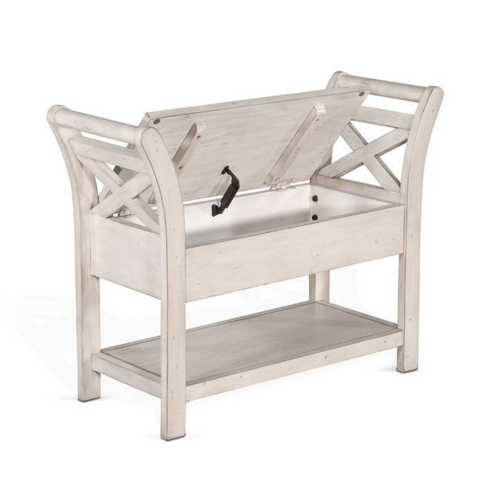 Benjara Sime 36 Inch Accent Bench, X-Panel And Storage, Ivory White Mahogany