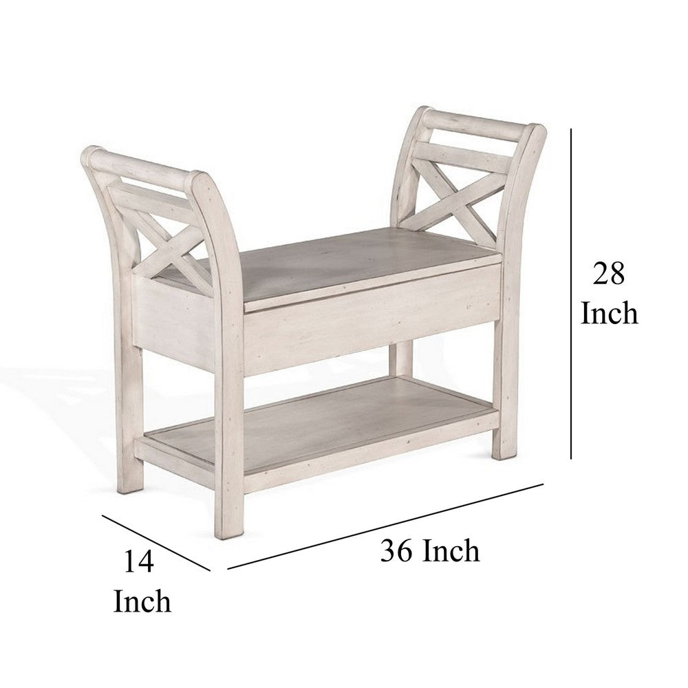 Benjara Sime 36 Inch Accent Bench, X-Panel And Storage, Ivory White Mahogany