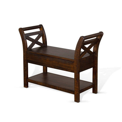 Benjara Flint 36 Inch Accent Bench with X-Panel, Storage, Dark Brown Mahogany