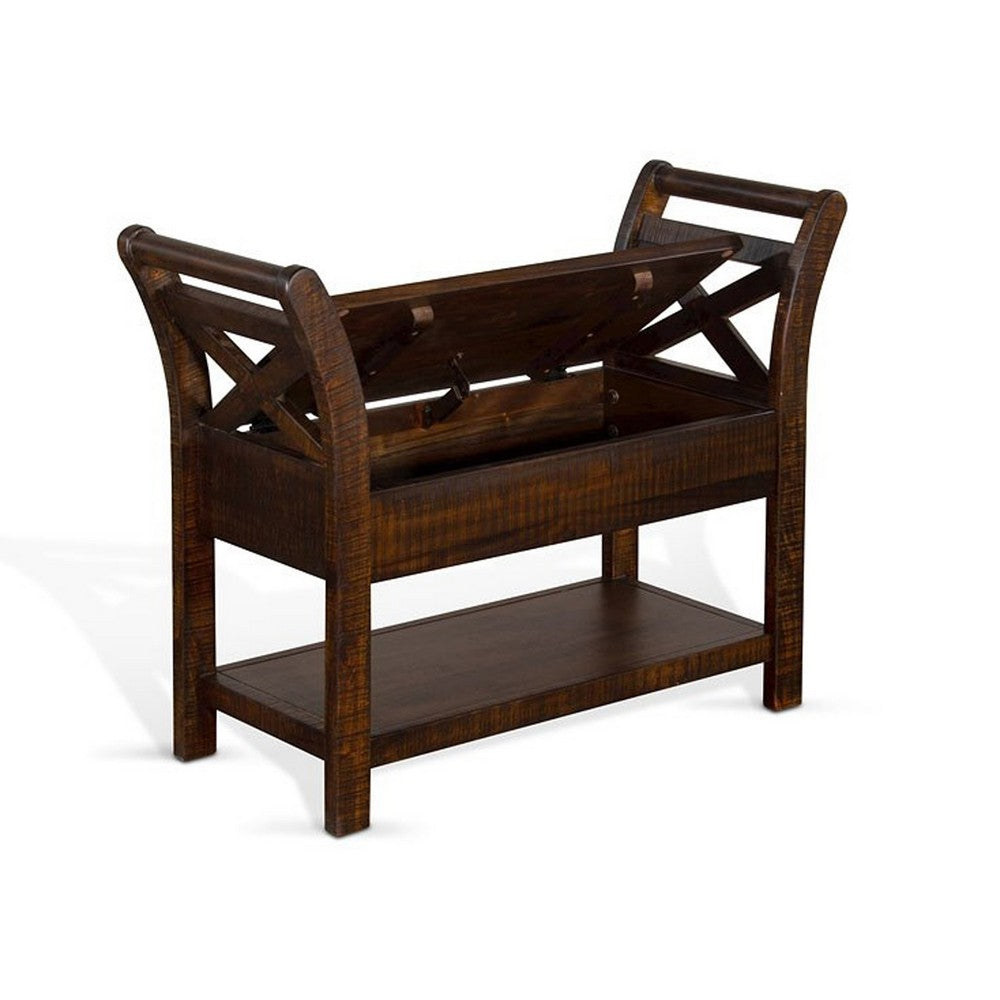Benjara Flint 36 Inch Accent Bench with X-Panel, Storage, Dark Brown Mahogany