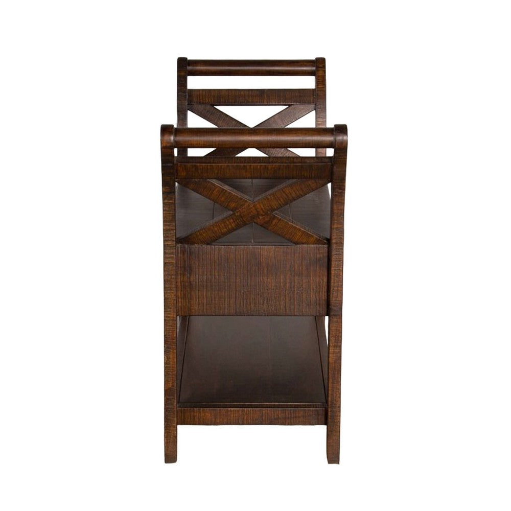 Benjara Flint 36 Inch Accent Bench with X-Panel, Storage, Dark Brown Mahogany