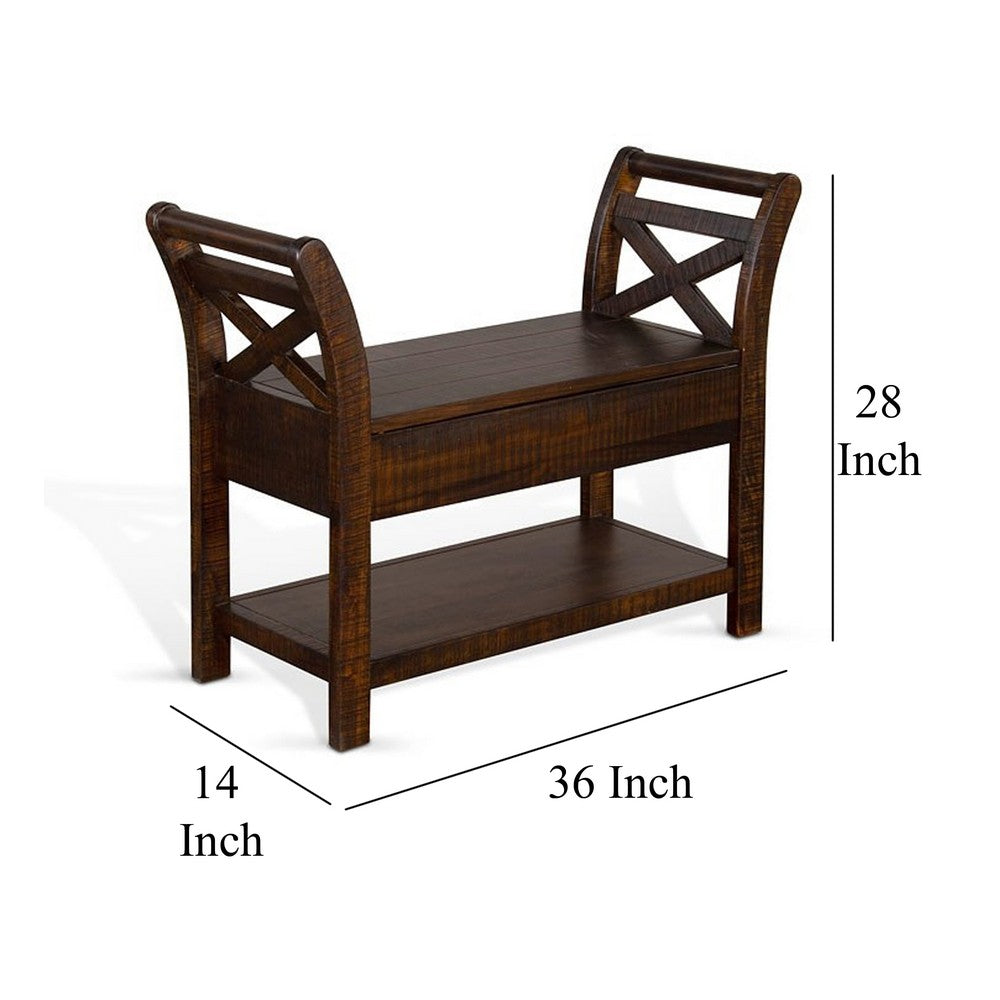 Benjara Flint 36 Inch Accent Bench with X-Panel, Storage, Dark Brown Mahogany