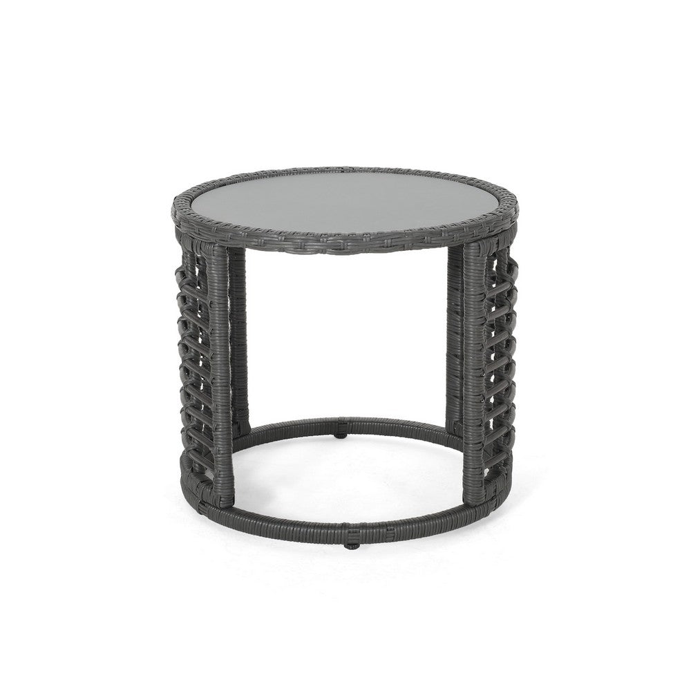 Benjara Outdoor Round Side End Table with Woven Accents, 18 Inch, Gray Rattan