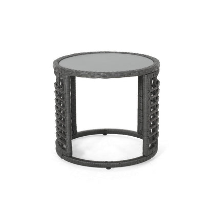 Benjara Outdoor Round Side End Table with Woven Accents, 18 Inch, Gray Rattan