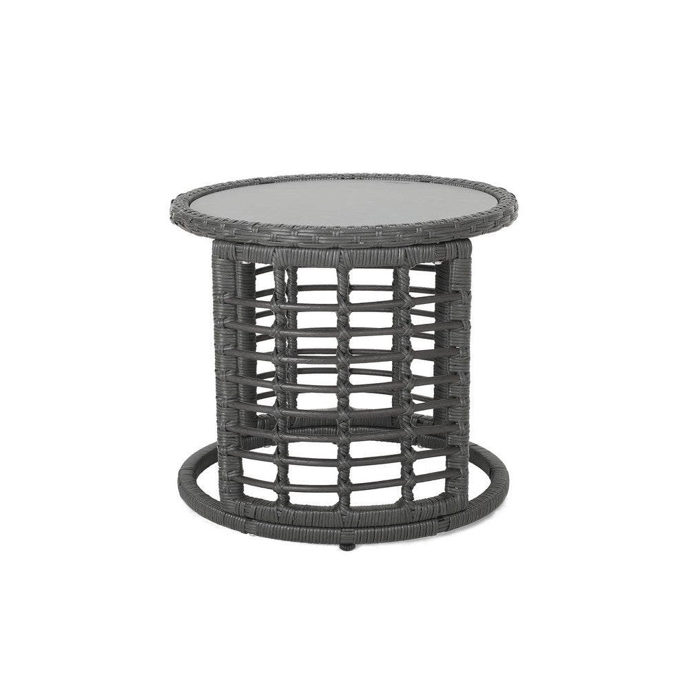 Benjara Outdoor Round Side End Table with Woven Accents, 18 Inch, Gray Rattan