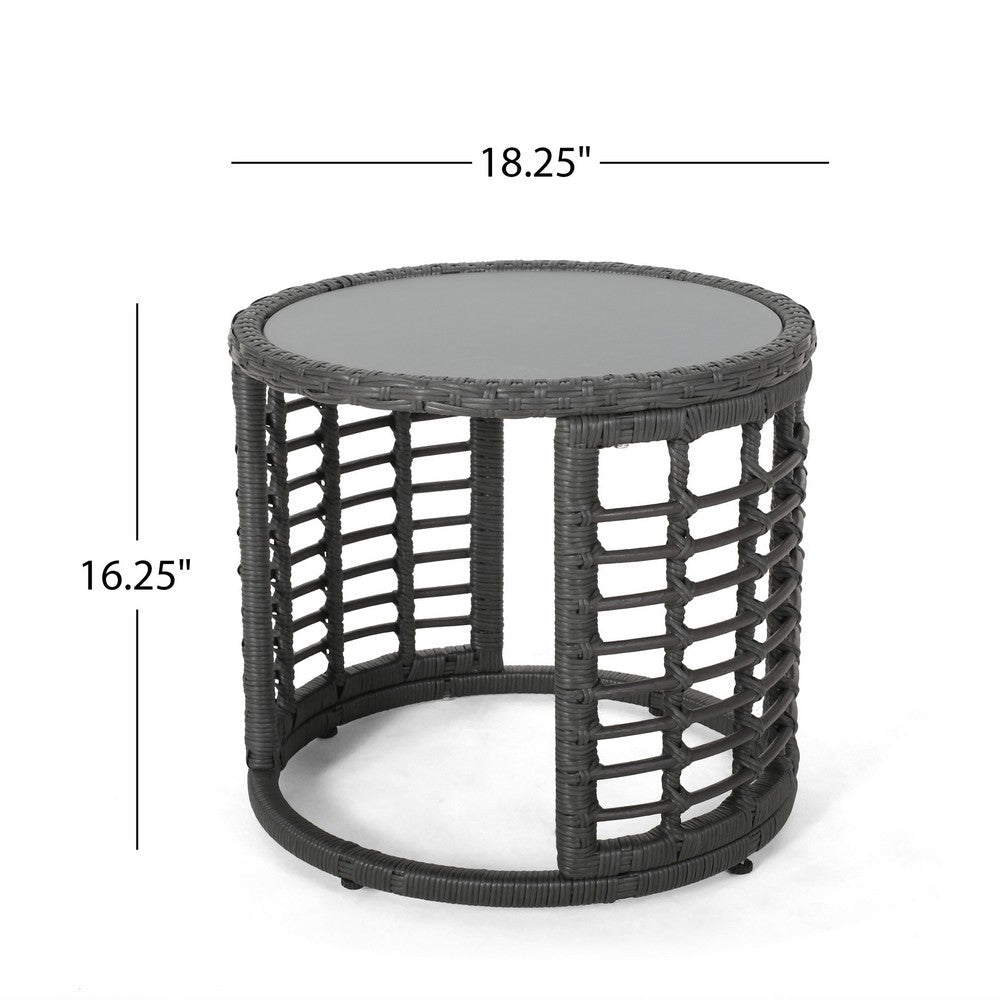 Benjara Outdoor Round Side End Table with Woven Accents, 18 Inch, Gray Rattan